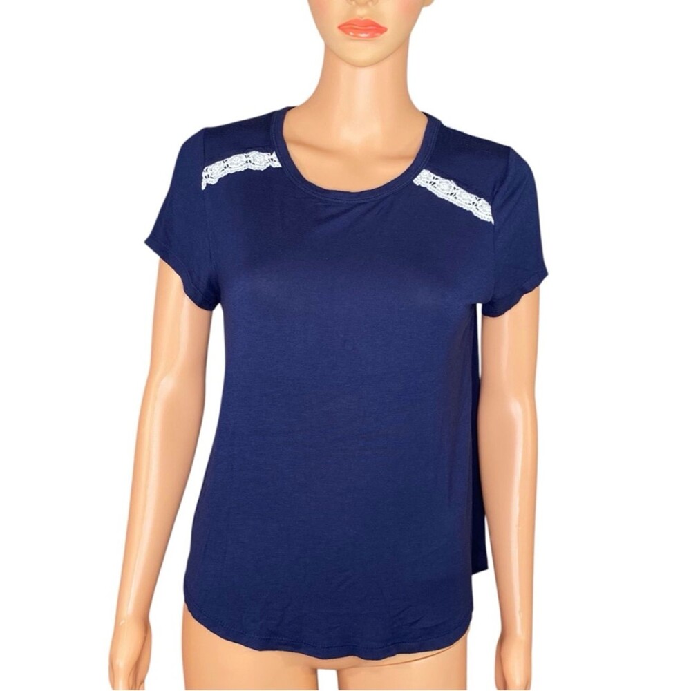 Justify Navy Tee White Lace Accents Short Sleeve Casual Lightweight SZ Small